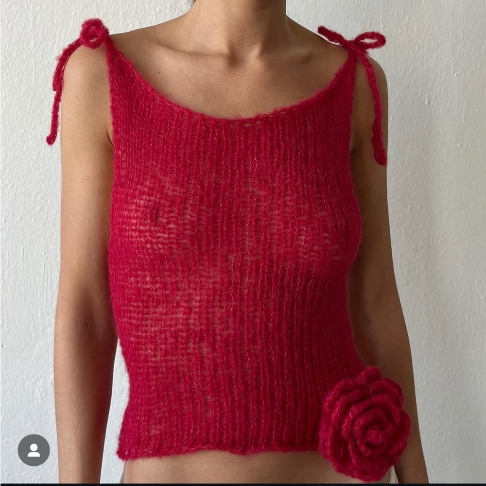 Lolo Crochet Handmade Red/Pink Knit Tank Top with Floral Detail Size XS